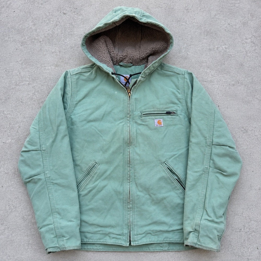 Carhartt Sea glass Sage Green Sherpa Lined Sandstone Duck Hooded Jacket XS 0/2